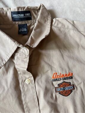 Vintage Harley-Davidson Beige Button-Down Shirt with Orange & Black Embroidery